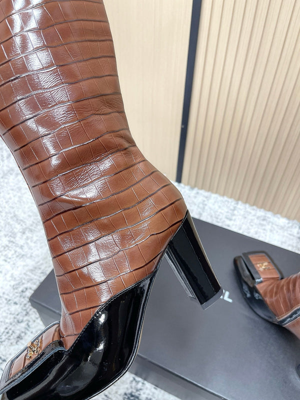 Chanel Croc-Embossed Square-Toe Dark Brown High Boots in Cowhide 591399