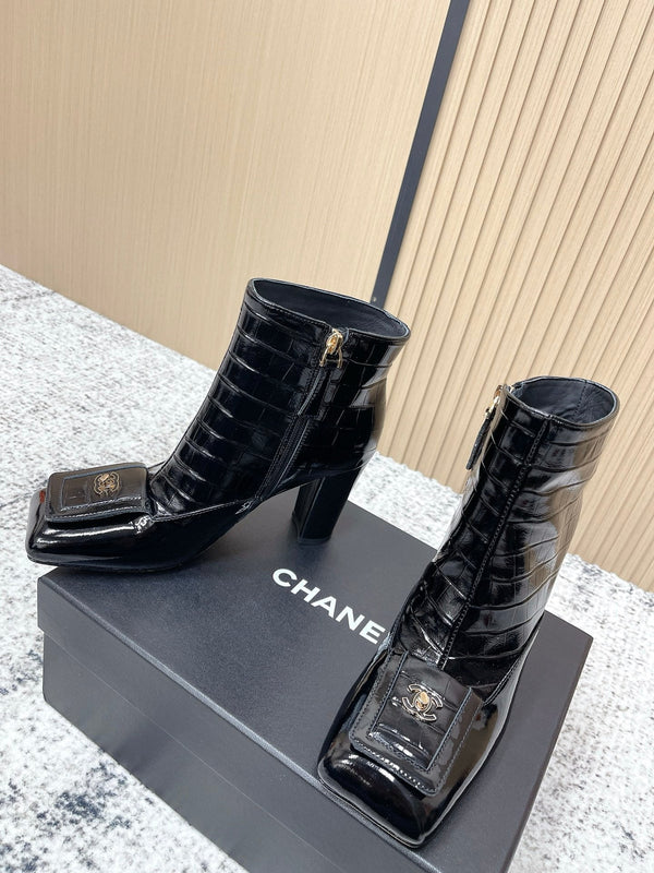 Chanel Croc-Embossed Square-Toe Black Ankle Boots in Cowhide 591400