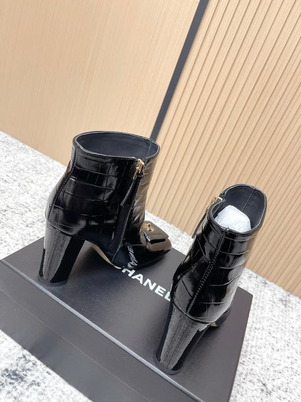 Chanel Croc-Embossed Square-Toe Black Ankle Boots in Cowhide 591400