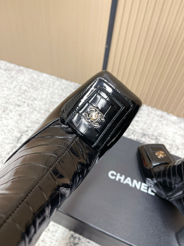 Chanel Croc-Embossed Square-Toe Black Ankle Boots in Cowhide 591400