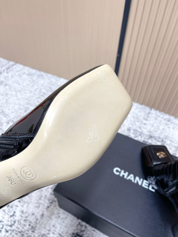 Chanel Croc-Embossed Square-Toe Black Ankle Boots in Cowhide 591400