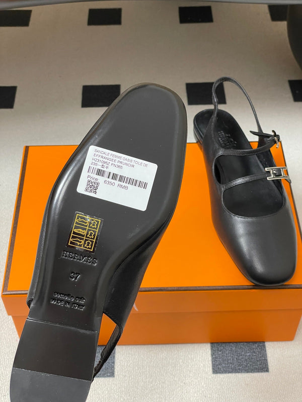 Hermes 26S Mila Open-Heel Sandals Black in Calfskin 594349