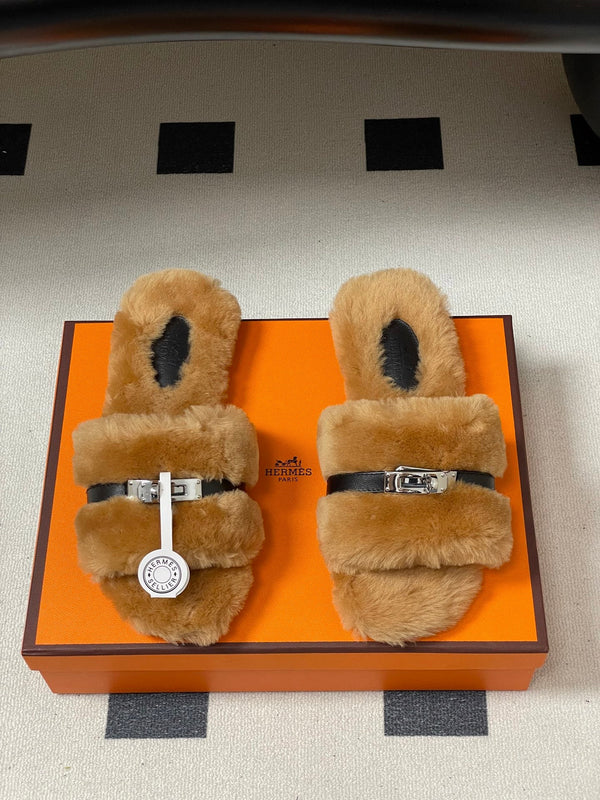 Hermes Giulia Kelly Buckle H-Slippers Brown in Wool 594325