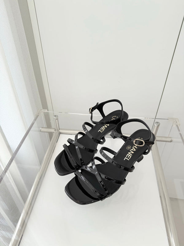 Chanel Cruise 26 Sandal 70mm Black Patent Leather 597356
