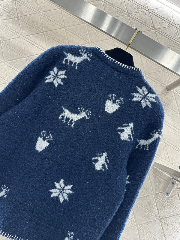 Chanel 26 Jacquard Knit Cardigan Blue in Wool Yarn 801433