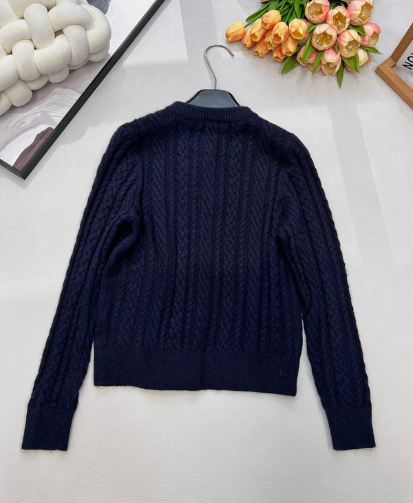 Chanel Cable Knit Crew Neck Cardigan Navy Blue in Wool 799529
