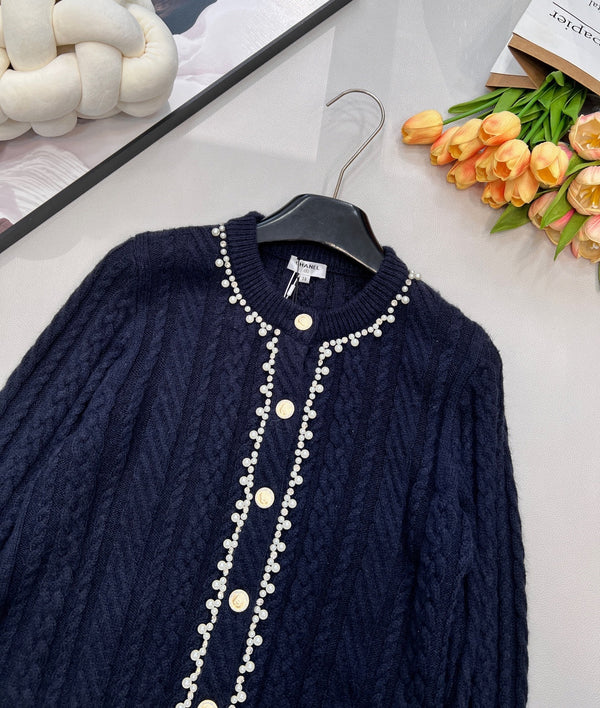 Chanel Cable Knit Crew Neck Cardigan Navy Blue in Wool 799529