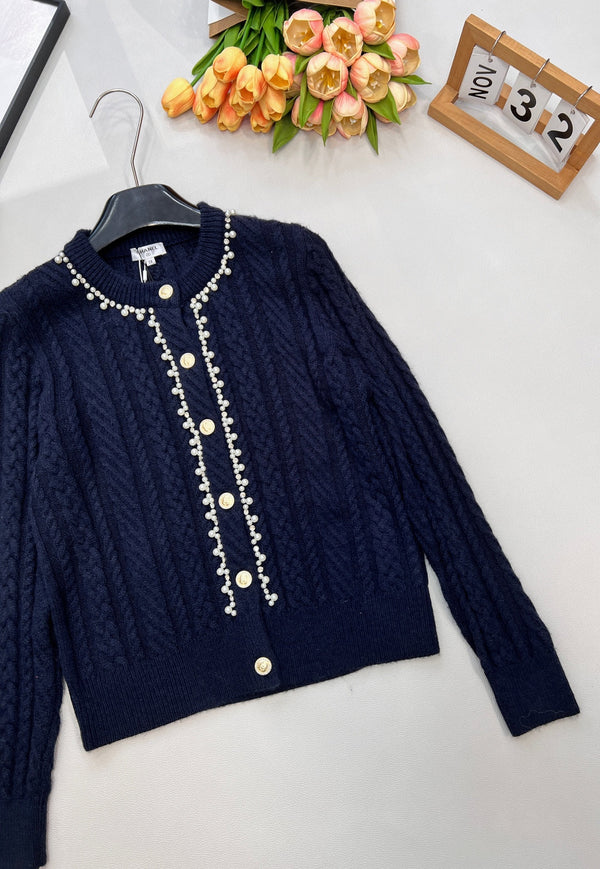 Chanel Cable Knit Crew Neck Cardigan Navy Blue in Wool 799529