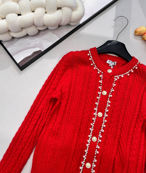 Chanel Cable Knit Crew Neck Cardigan Red in Wool 799524