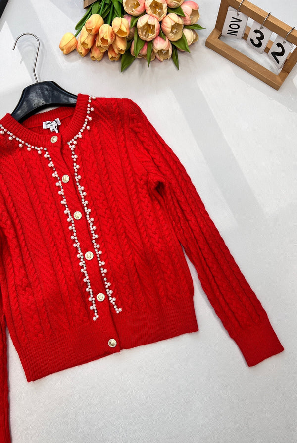 Chanel Cable Knit Crew Neck Cardigan Red in Wool 799524