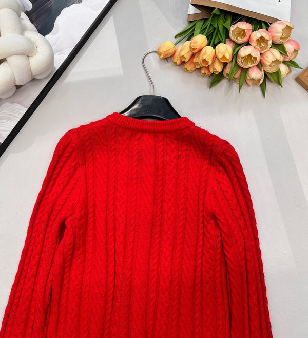 Chanel Cable Knit Crew Neck Cardigan Red in Wool 799524