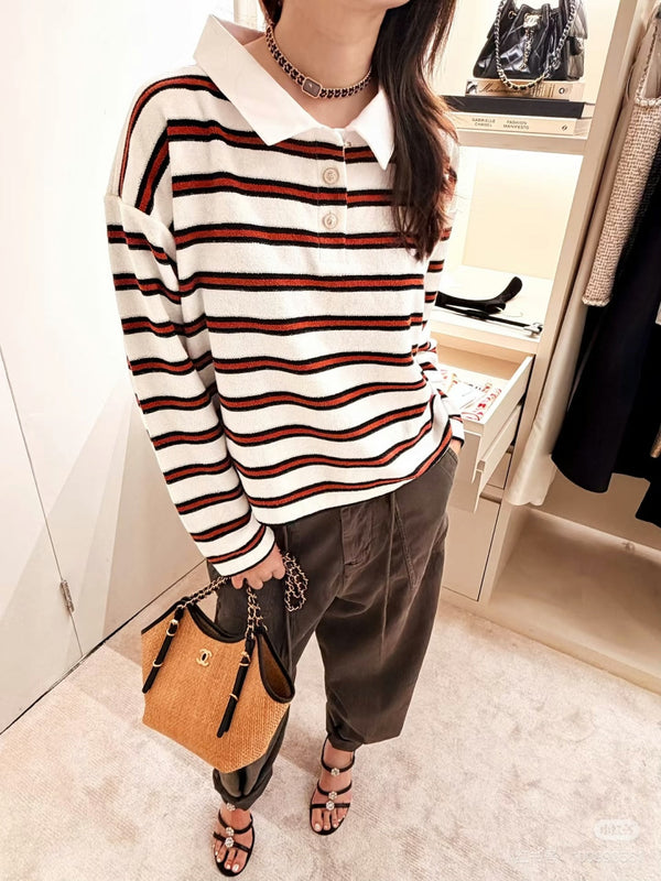 Chanel 26 Collared Color-Blocked Striped Polo White Red in Wool Blend 799250
