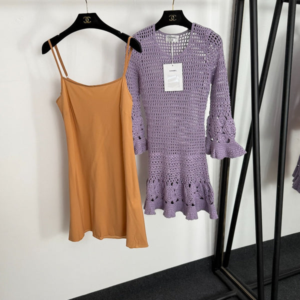 Chanel Hollow-out Knit Flared Long-Sleeve Purple Dress Cashmere20254806