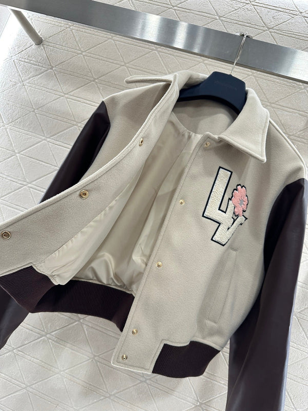 LV 26 Patchwork Leather Baseball Wool Jacket