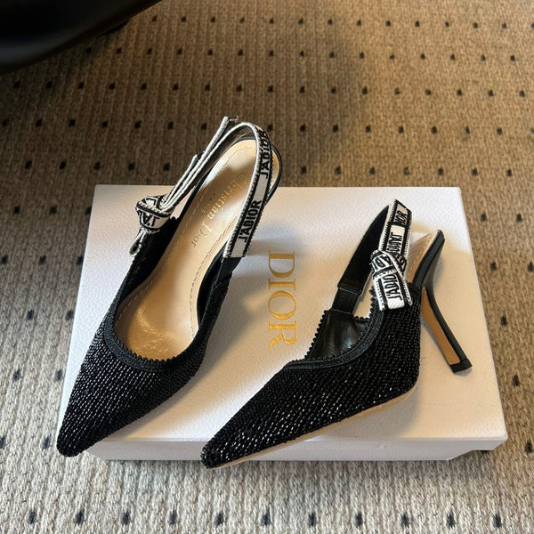 CD J'Adior Slingback heels 95 Black in Cotton with Metallic Thread Embroidery 598134