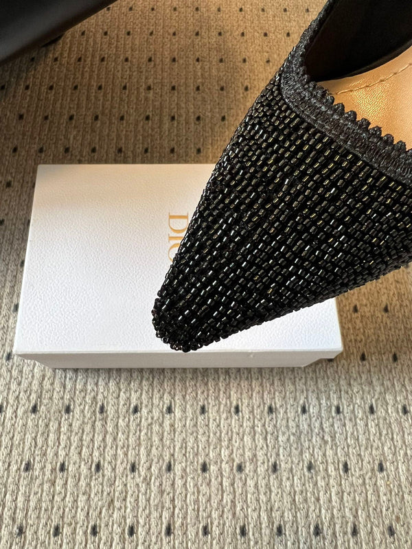 CD J'Adior Slingback heels 95 Black in Cotton with Metallic Thread Embroidery 598134