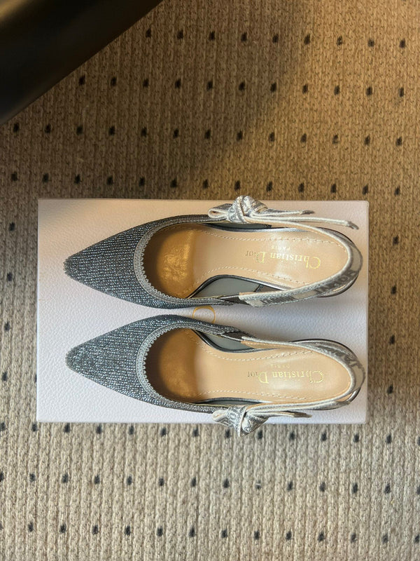 CD J'Adior Slingback heels 95 Gray in Cotton with Metallic Thread Embroidery 598133