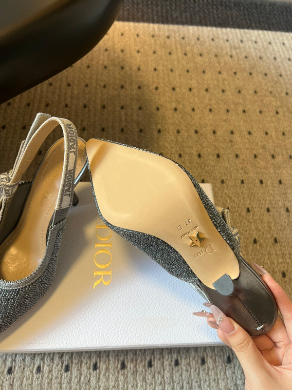 CD J'Adior Slingback heels 95 Gray in Cotton with Metallic Thread Embroidery 598133