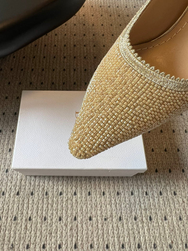 CD J'Adior Slingback heels 95 Beige in Cotton with Metallic Thread Embroidery 598131