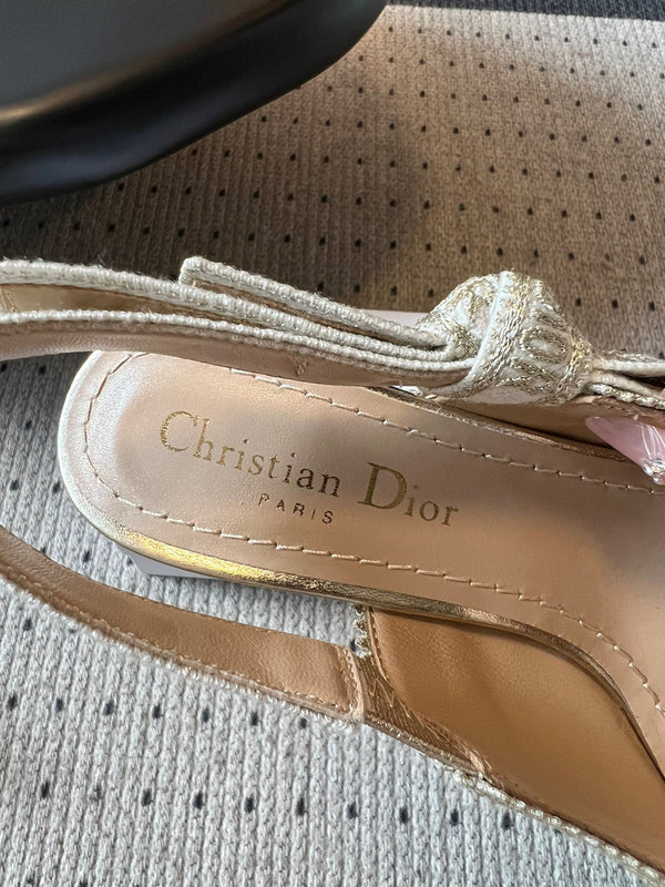CD J'Adior Slingback heels 95 Beige in Cotton with Metallic Thread Embroidery 598131