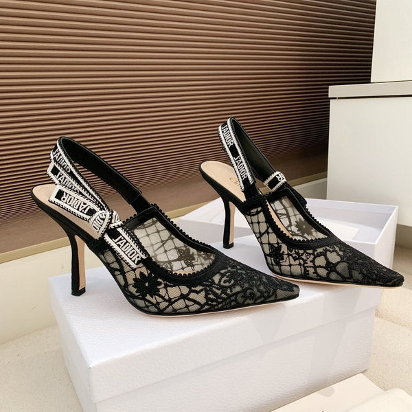 CD Ribbon Lace Open-toe Black Sandals 95 in Sheepskin 598116