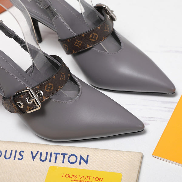 LV Vibe Slingback Pumps 95 Gray Glossy Naplak Leather 600674