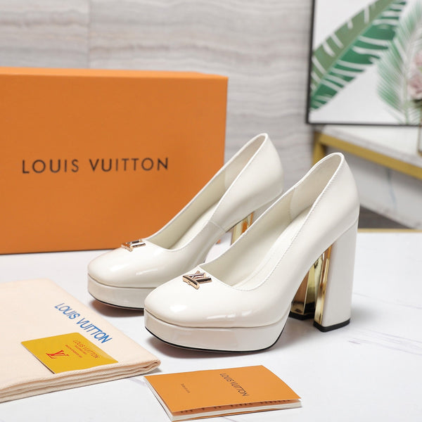 LV 26ss Chunky Heel Platform Sandals 11cm White in Patent Leather 600731