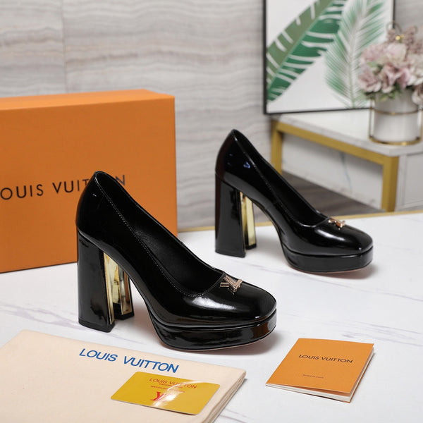LV 26ss Chunky Heel Platform Sandals 11cm Black in Patent Leather 600732