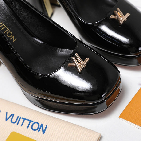 LV 26ss Chunky Heel Platform Sandals 11cm Black in Patent Leather 600732