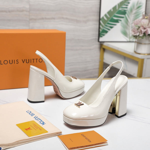 LV 26ss Chunky Heel Platform Slingback 11cm White in Patent Leather 600736