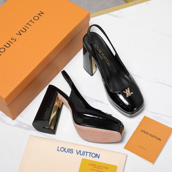 LV 26ss Chunky Heel Platform Slingback 11cm Black in Patent Leather 600737