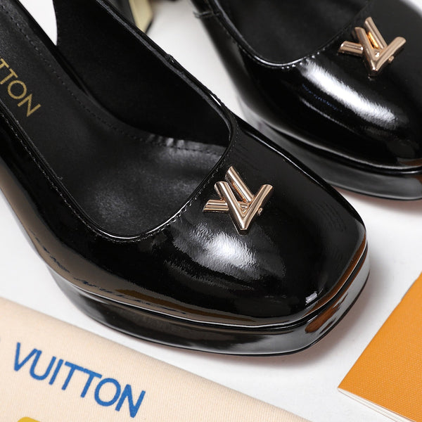 LV 26ss Chunky Heel Platform Slingback 11cm Black in Patent Leather 600737