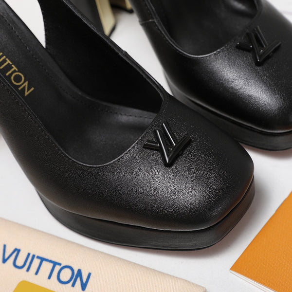 LV 26ss Chunky Heel Platform Slingback 11cm Black in Cowhide 600740