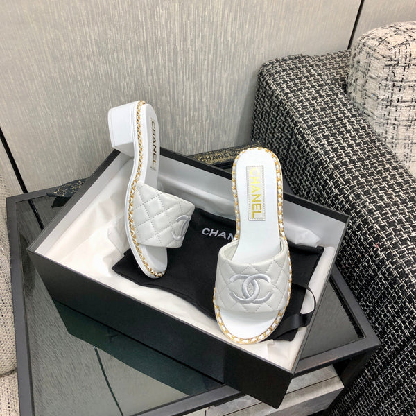 Chanel 26 High-Heeled Chain Slippers White in Lambskin 602483