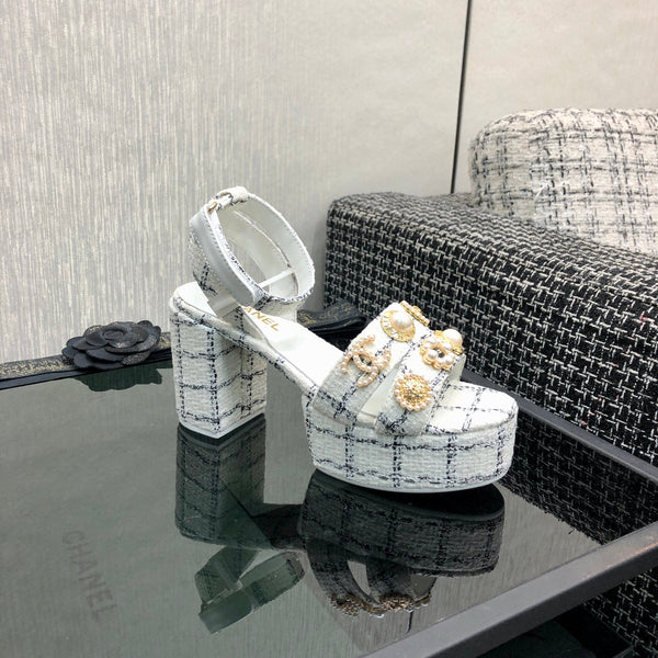 Chanel 26 Runway Style High-Heeled Sandals White in Tweed Fabric 602479