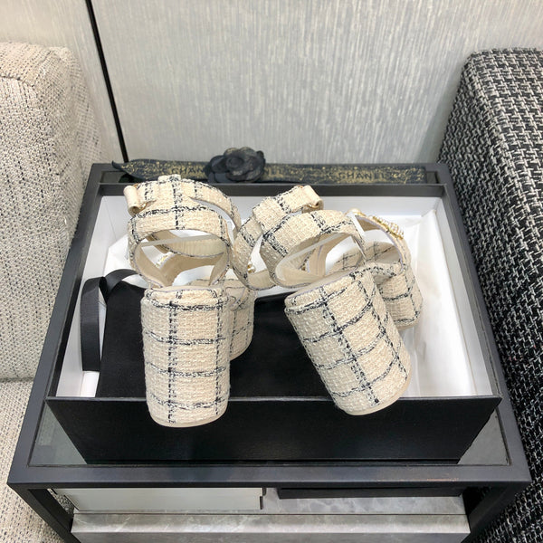 Chanel 26 Runway Style High-Heeled Sandals Off-White in Tweed Fabric 602478