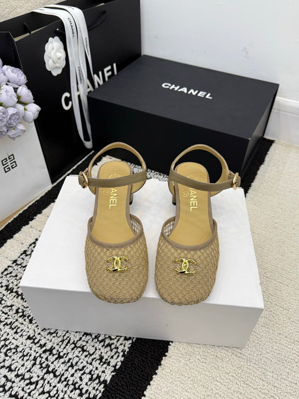Chanel Square Toe Mary Jane Flats Beige in Mesh fabric 602172