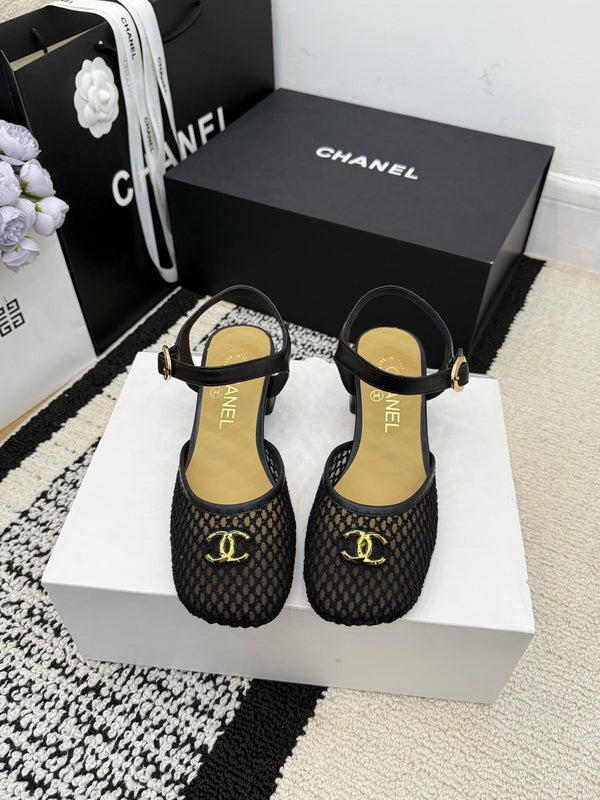 Chanel Square Toe Mary Jane Flats Black in Mesh fabric 602171