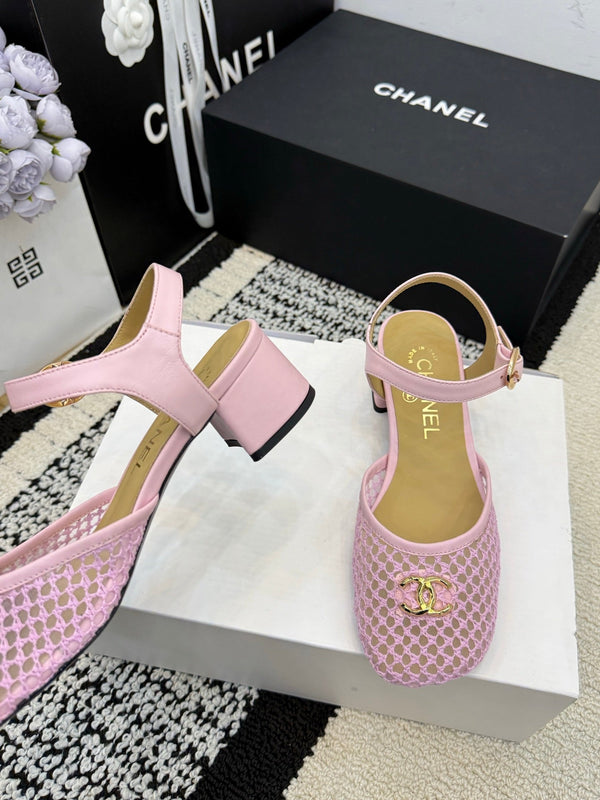 Chanel Square Toe Mary Jane Flats Pink in Mesh fabric 602170