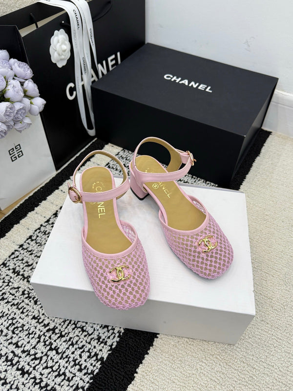 Chanel Square Toe Mary Jane Flats Pink in Mesh fabric 602170