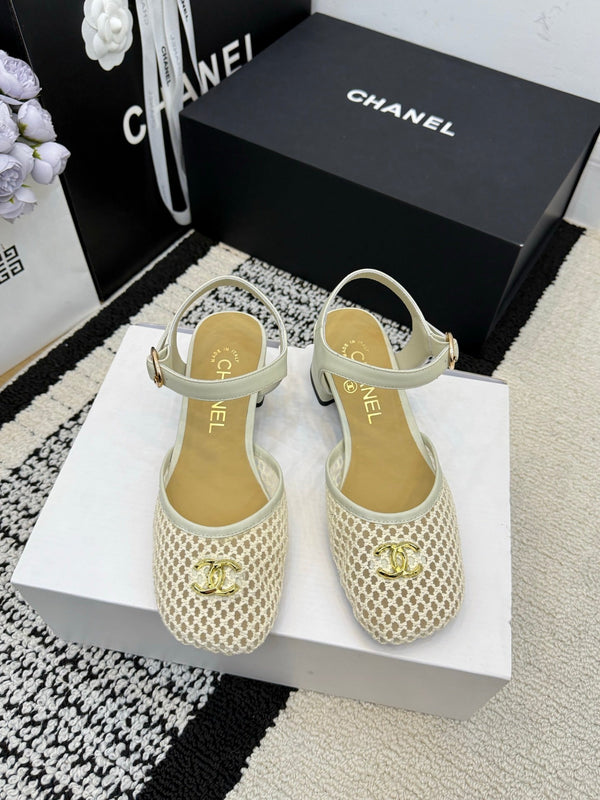 Chanel Square Toe Mary Jane Flats Off-white in Mesh fabric 602169