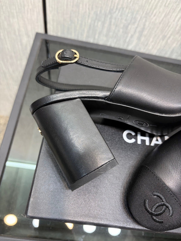 Chanel 26 Classic Chunky Heel Open Back Sandal 95 Black in Sheepskin 602497
