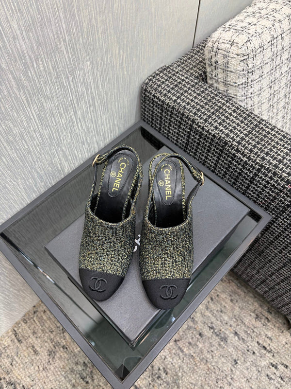 Chanel 26 Classic Chunky Heel Open Back Sandal 95 Olive Green in Tweed Fabric 602496