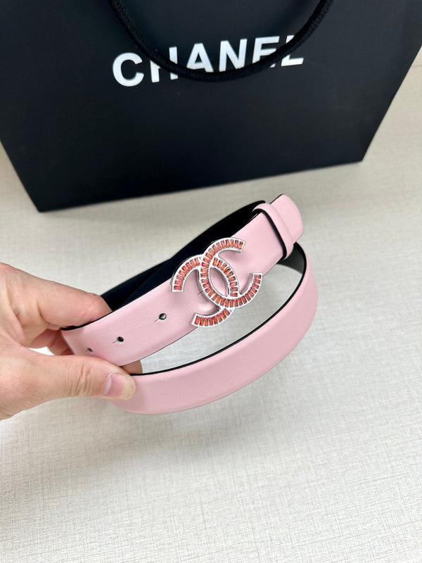 CC Women's Belt 3.0CM Pink Black Cowhide Red Buckle 616971
