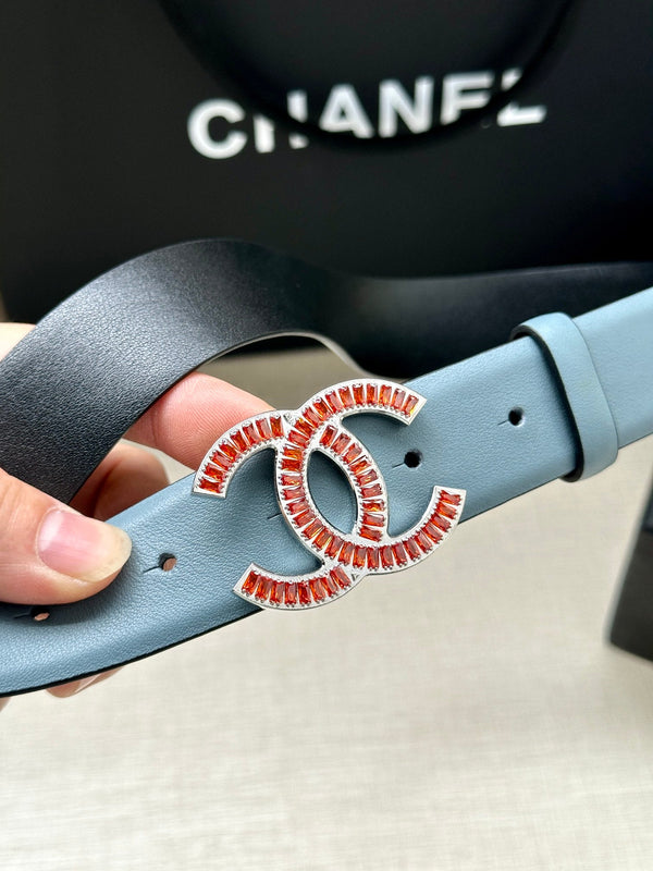 CC Women's Belt 3.0CM Light Blue Black Cowhide Red Buckle 616966