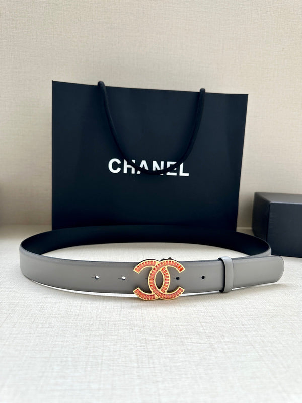 CC Women's Belt 3.0CM Gray Black Cowhide Red Buckle 616964