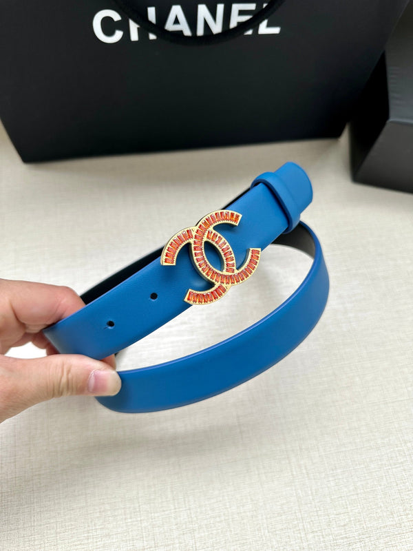 CC Women's Belt 3.0CM Blue Black Cowhide Red Buckle 616963