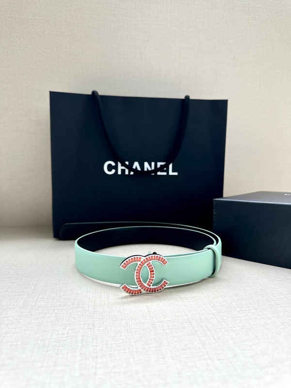 CC Women's Belt 3.0CM Mint Green Black Cowhide Red Buckle 616962