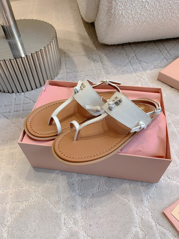 Miu Flip-flot Flat Sandal Brown White in Cowhide 615340