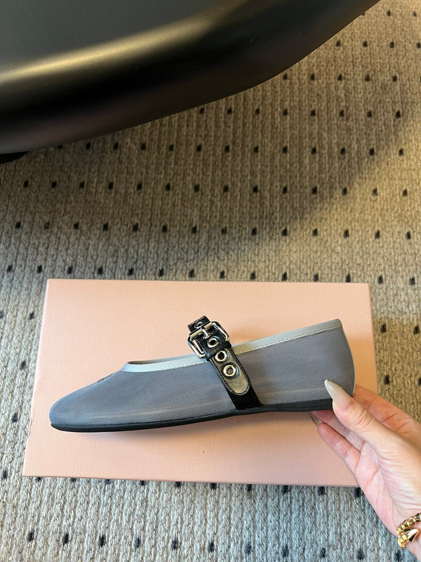 Miu Miu Women's Bow-Decorated Ballet Flats Gray in Mesh 614704